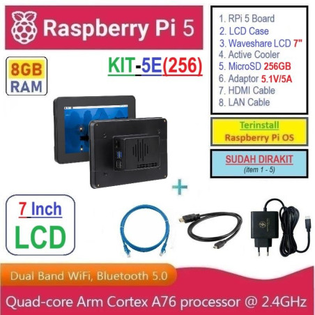 KIT-5E(256)  Raspberry Pi 5 (8GB RAM) KIT LCD 7 Inch MicroSD 256GB - Complete SET SIAP PAKAI